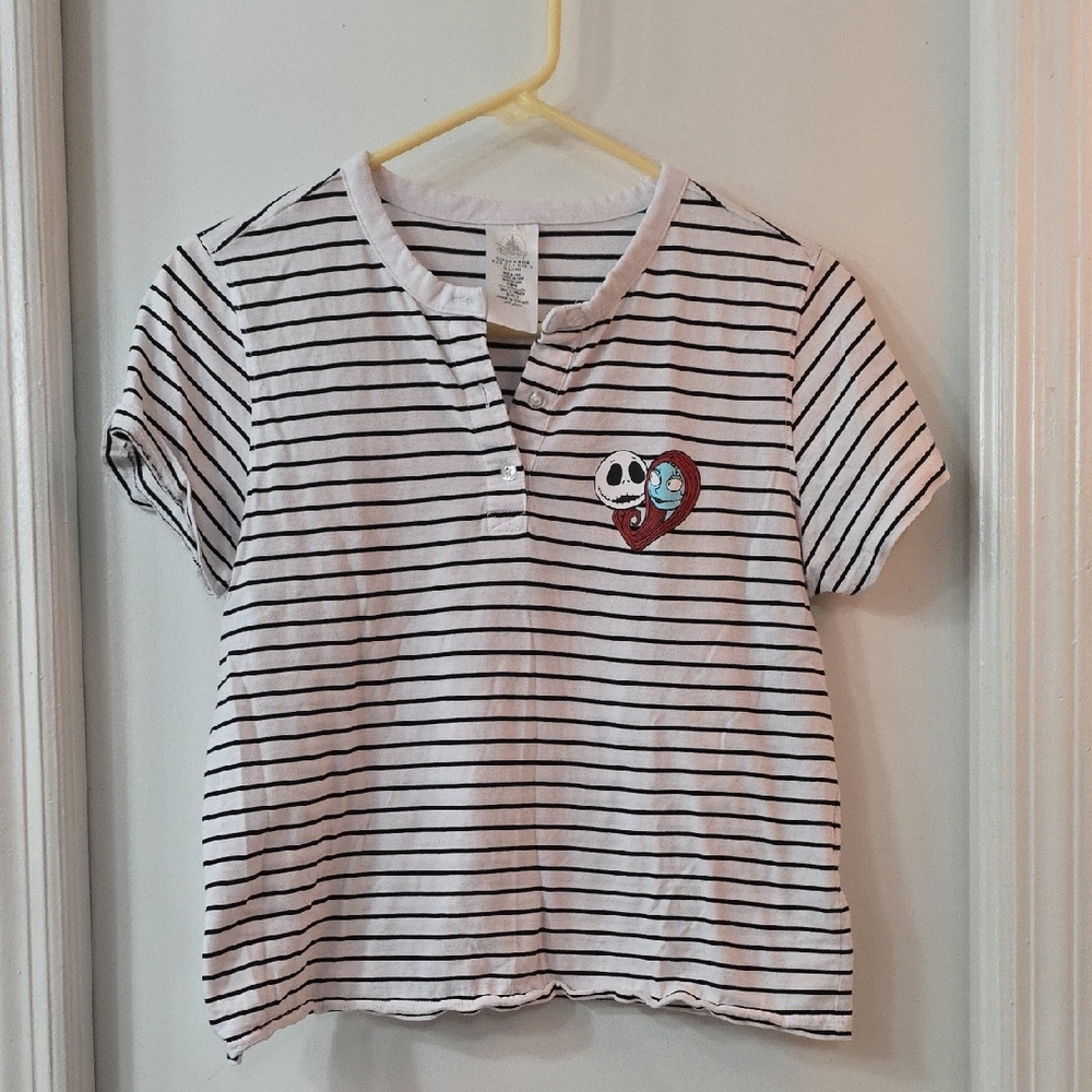 Disney Nightmare Before Christmas Black and White Striped Tee with Heart Patch